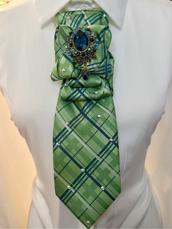 Jewelry - Green Plaid Rhinestone Tie Necklace with Blue Gem Brooch